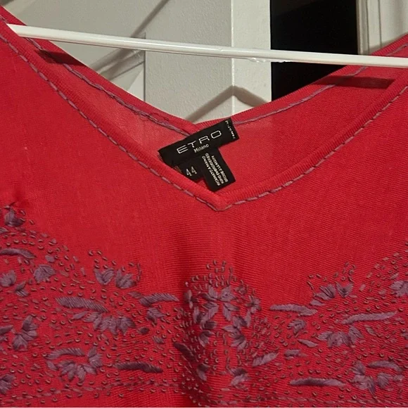 Etro Milano Red Embroidered V-Neck Women's Top - Picture 5 of 5